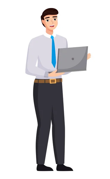 Affärsman stående på full höjd innehav öppnade laptop i händerna vektor illustration isolerad — Stock vektor