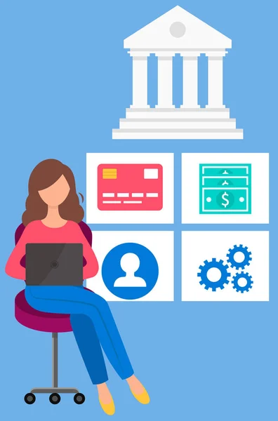 Mädchen mit Laptop macht Finanztransaktionen. Frau arbeitet im Online-Banking und Bankgeschäft — Stockvektor
