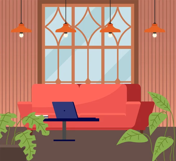 거실의 내부 디자인. 붉은 소파, 커다란 파노라마 창 가까이 탁자 위에 있는 랩탑 — 스톡 벡터