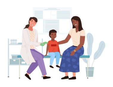 Şırıngalı hemşire çocuğu aşılıyor. Tıbbi laboratuardaki Afrikalı Amerikalılar.