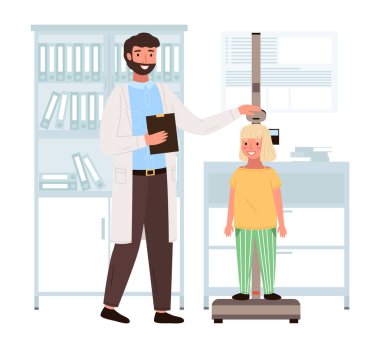 Doktor çocuğun boyunu ölçer. Hastanın muayenehanede bir doktorla görüşmesi var.