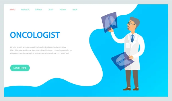 Επαγγελματίας ογκολόγος web banner ή σελίδα προσγείωσης. Διαγνωστική και θεραπεία καρκινικών ασθενειών — Διανυσματικό Αρχείο