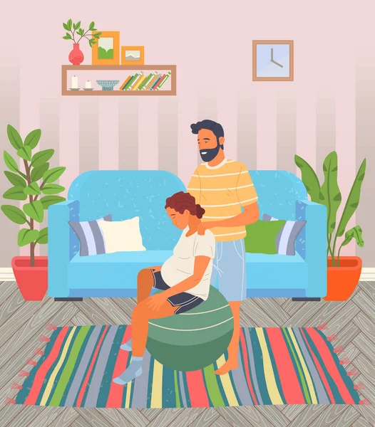 Nascimento pose para mulher grávida, fêmea sentada no fitball, marido ajuda esposa a relaxar fazendo massagem — Vetor de Stock