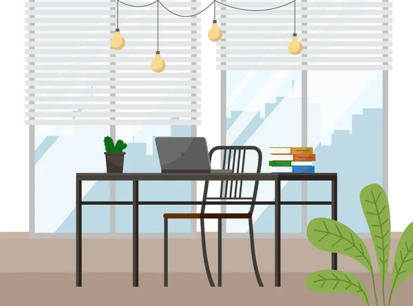Σύγχρονη επίπεδη σχεδίαση στο χώρο εργασίας. Καρέκλα γραφείου και γραφείο γραφείου με υπολογιστή σε άνετο εσωτερικό χώρο — Διανυσματικό Αρχείο