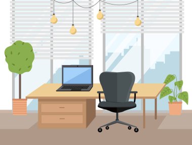 Masasında mobilya dizüstü bilgisayarı, sandalyesi, rahat içinde saksı bitkisi olan modern ofis işyeri.