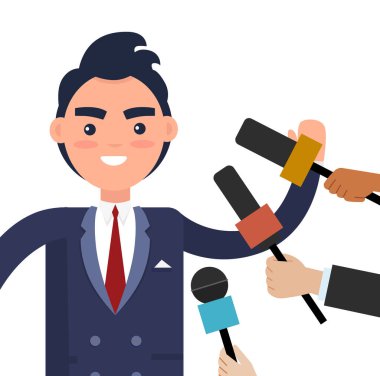 Ciddi bir adamla basın toplantısı. Mikrofonlu gazeteciler takım elbiseli iş adamlarıyla röportaj yapıyor.