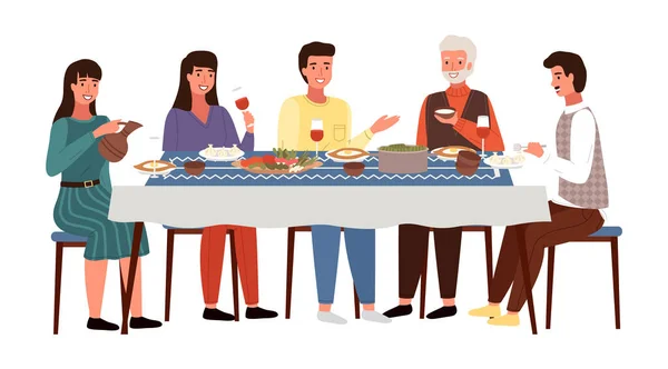 Les gens mangent de la nourriture géorgienne. Les personnages dînent ensemble dans la salle à manger — Image vectorielle