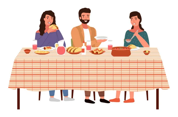 Personajes comiendo platos de cocina mexicana. Familia con comida mexicana en la mesa comunicarse — Archivo Imágenes Vectoriales