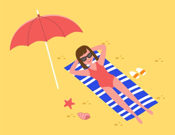 Paysage tropical avec bronzage fille bronzage au bord de la mer, profiter du soleil, vacances au bord de l'océan — Image vectorielle