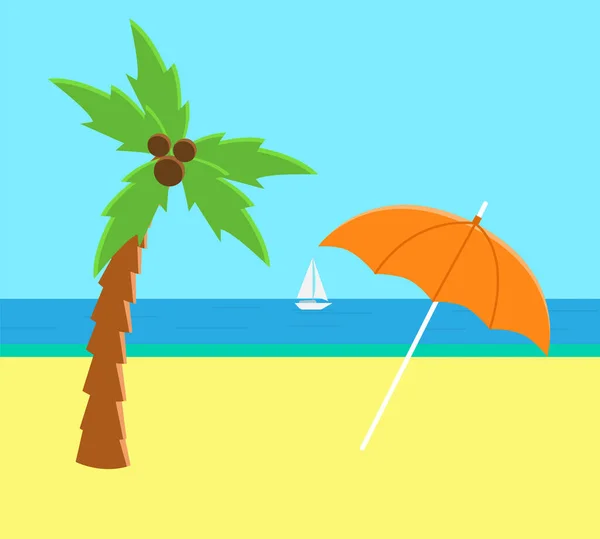 Καρύδα σε μια αμμώδη ακτή με ομπρέλα. Bent φοίνικα με μεγάλα πράσινα φύλλα στην παραλία — Διανυσματικό Αρχείο