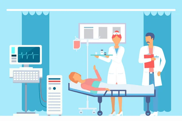 Médecin vérifiant l "état du patient après la chirurgie, infirmière avec comprimés, électrocardiographe, hôpital — Image vectorielle