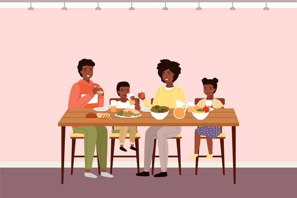 Сім'я їсть здорову їжу. Родичі їдять натуральні свіжі продукти Векторні ілюстрації — стоковий вектор