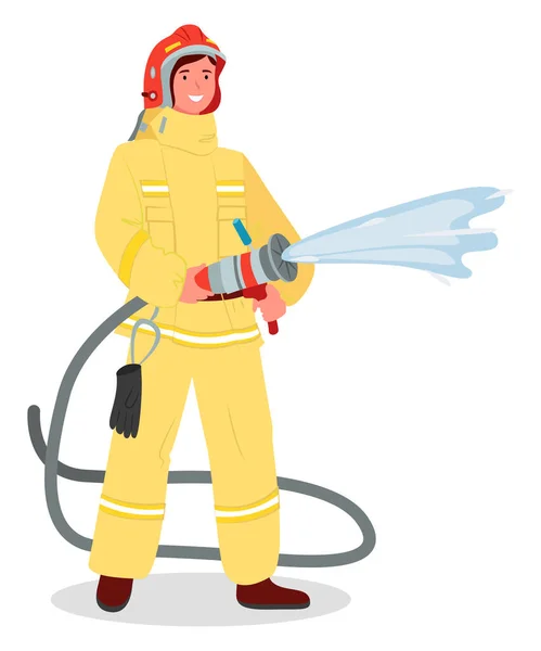 Εικονογράφηση ενός κοριτσιού φορώντας κοστούμι πυροσβέστη με κράνος και κρατώντας σωλήνα φωτιά απομονώνονται σε λευκό — Διανυσματικό Αρχείο
