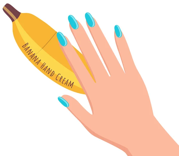 Braço feminino e tubo de creme de mão isolado em branco. Produto cosmético, garrafa amarela em forma de banana —  Vetores de Stock