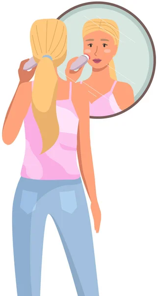 La donna usa l'attrezzatura per pulirsi e strofinarsi il viso. Ragazza che fa routine mattutina in bagno — Vettoriale Stock