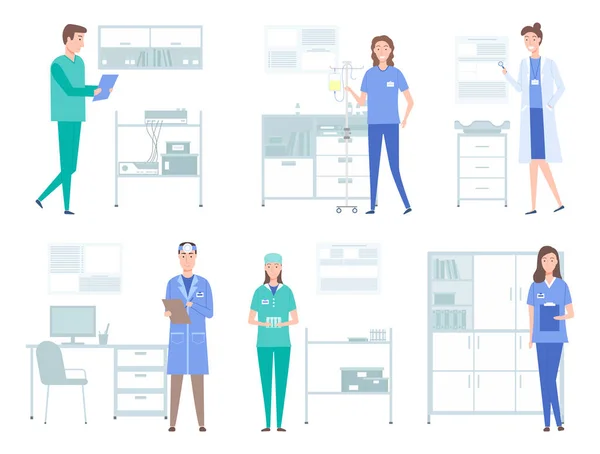 Ensemble d'illustrations sur les médecins travaillent avec l'équipement et les instruments. Concept de services médicaux — Image vectorielle