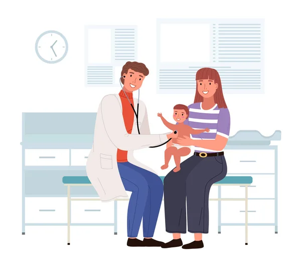 Mor och barn besöker doktorn. Pediatriker med stetoskop som arbetar med liten patient — Stock vektor