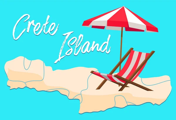 Kreta eiland uitnodiging kaart vector illustratie. Aan het strand met parasol en ligstoel — Stockvector