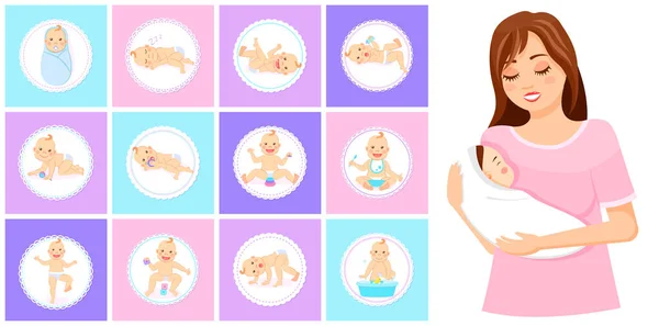 Feliz recién nacido sonriente en diferentes situaciones. Set con bebé pequeño en pañal. Mamá sosteniendo un bebé — Archivo Imágenes Vectoriales