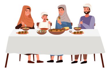 İnsanlar dışarıda koşer yemeği yiyorlar. Müslüman aile yemek masasının etrafında toplanıyor.