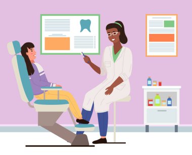 Dişçi hastanın dişlerini fırçalıyor. Doktor elinde diş fırçasıyla oturur ve kıza bakar.