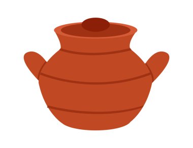 Beyaz arka planda izole edilmiş bir kil tabak mutfak aleti. Kapaklı ve saplı kahverengi tava