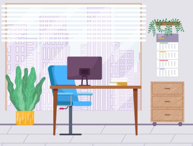 Modern işyeri düz tasarımı. Ofis koltuğu ve ofis masası. İçi rahat oda kitaplarıyla dolu.