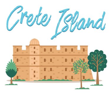 Crete Adası davetiye kartı çizimi. Ağaçlarla çevrili ortaçağ kalesi