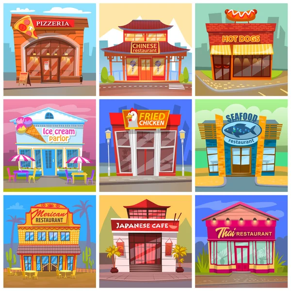 Různé kavárny a restaurace fasádní budovy. Pohled z ulice, světlé barevné vitríny — Stockový vektor