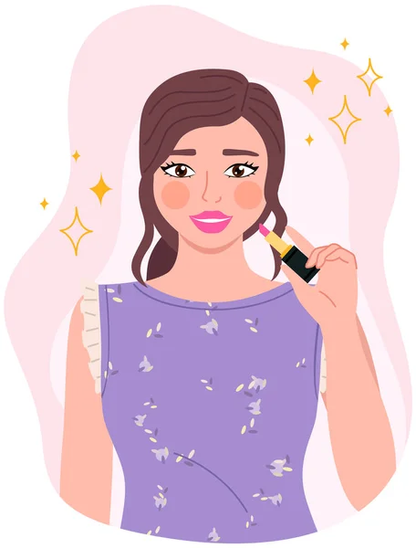 Beautiful young girl makes look and does makeup looks after beauty and paints lips isolated on white — Stock Vector