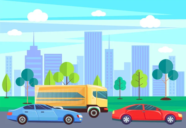 Vistas al paisaje urbano, coches y vehículos en carretera en la ciudad — Vector de stock