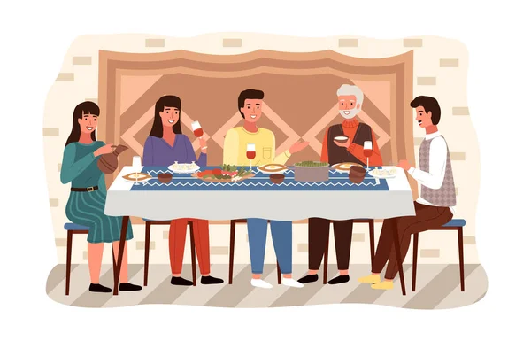 La gente está comiendo comida georgiana tradicional. La familia está sentada en la mesa festiva y cenando. — Archivo Imágenes Vectoriales