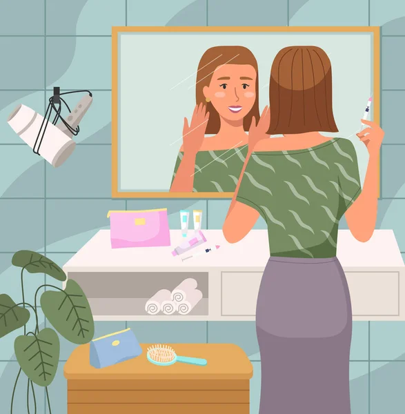 Chica haciendo rutina matutina en el baño. Mujer de pie con una jeringa para inyectar en la cara — Vector de stock