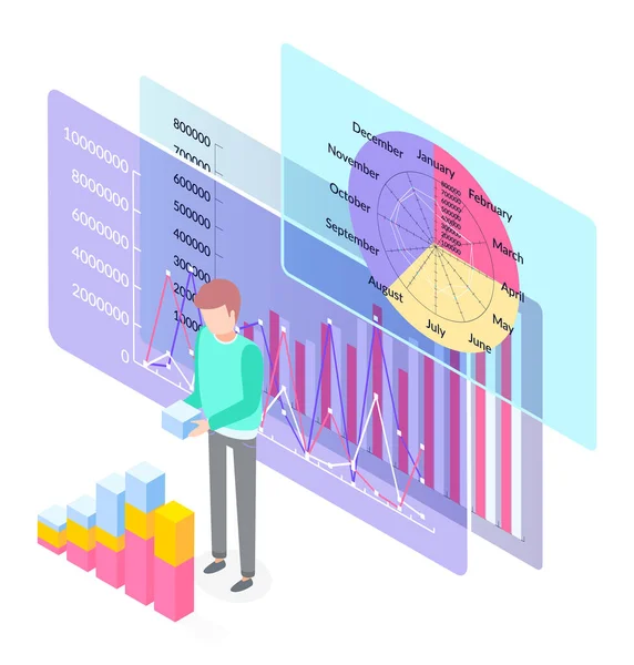 Businessman is building diagram consisting of vertical color rectangular bar, vector illustration — Stock Vector