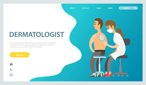 Dermatologe untersucht die Stelle eines männlichen Patienten mit Lupe in der Klinik Landing Page — Stockvektor