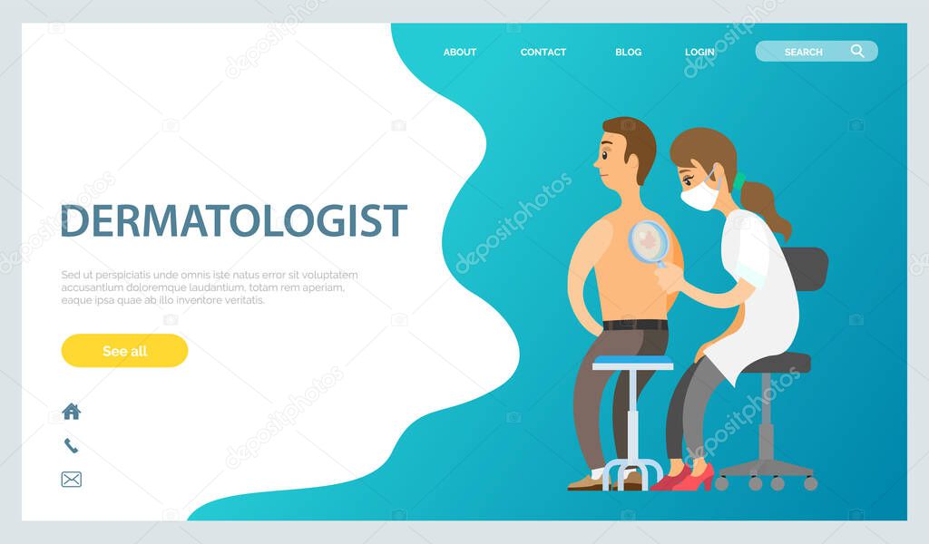 Dermatologist examining a spot from a male patient with magnifying glass in clinic landing page