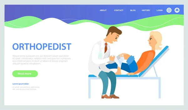 Ορθοπεδική επεξεργασία web banner ή πρότυπο landing page. Ασθενής με τραυματισμένο πόδι σε διαβούλευση — Διανυσματικό Αρχείο