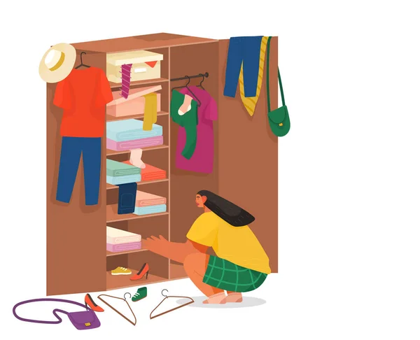 Holzschrank mit Sachen, Kleidung, Accessoires. Junge Frau faltet Kleider im Schrank. Flachbild — Stockvektor