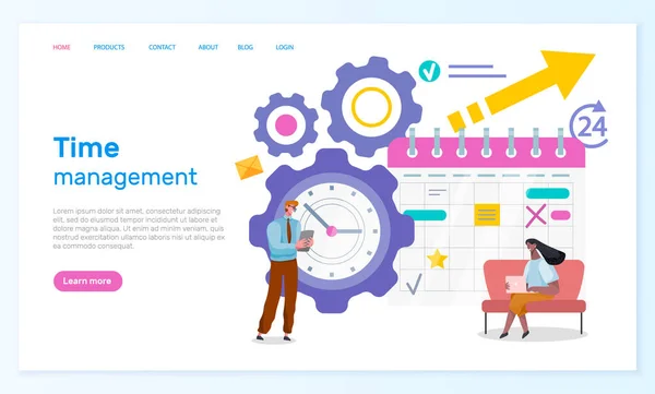 Zaman yönetimi web sayfası şablonu. Büyük saat ve çizelgeye yakın çalışan bir grup işadamı — Stok Vektör
