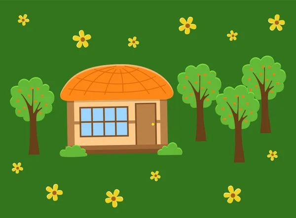 Asian village old house flat illustration. Rural building, natural landscape with grass and flowers Royalty Free Stock Illustrations