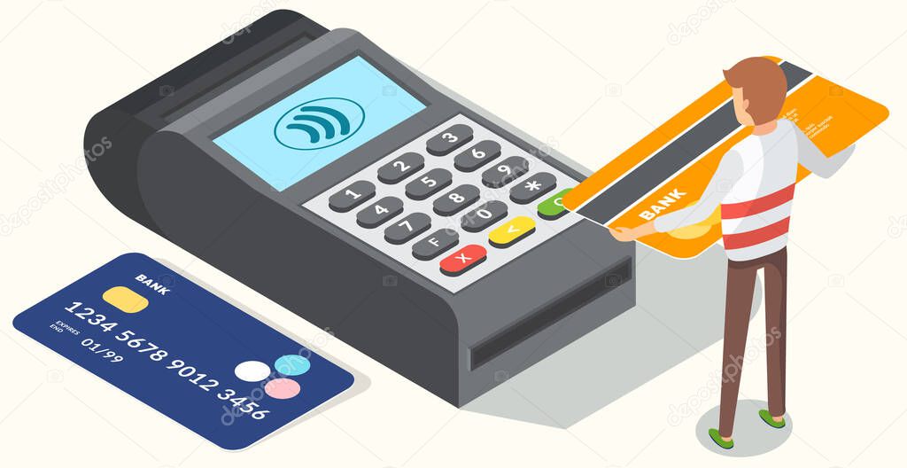 Pos terminal confirms the payment by debit credit card with a tiny man holding payment plastic card