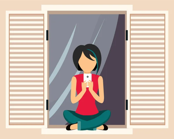 Egy lány ül az ablakpárkányon a nyitott ablaknál, telefonál, szelfi fotót készít. — Stock Vector