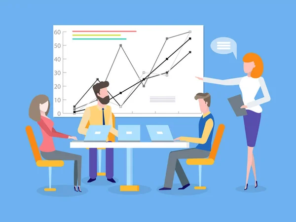 Conference, Presenter Woman Pointing on Chart — 스톡 벡터