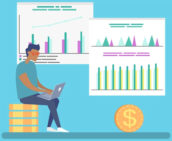 Man preparing to submit financial report. Character sitting with laptop near board with charts — Stock Vector