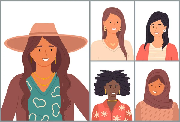 Farklı milletler, etnik köken, Latin, İspanyol, Afrikalı, Arap, Kafkasyalı, güzel kızların portreleri — Stok Vektör