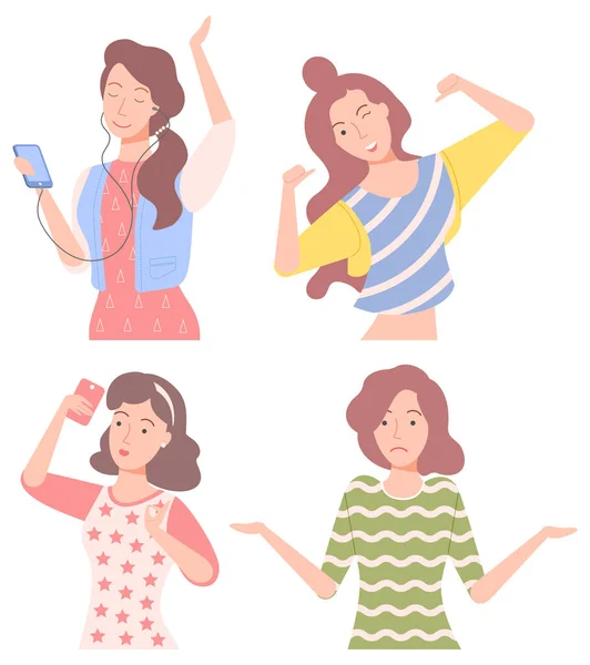 Mujer gestos y posando, conjunto de personajes femeninos — Vector de stock