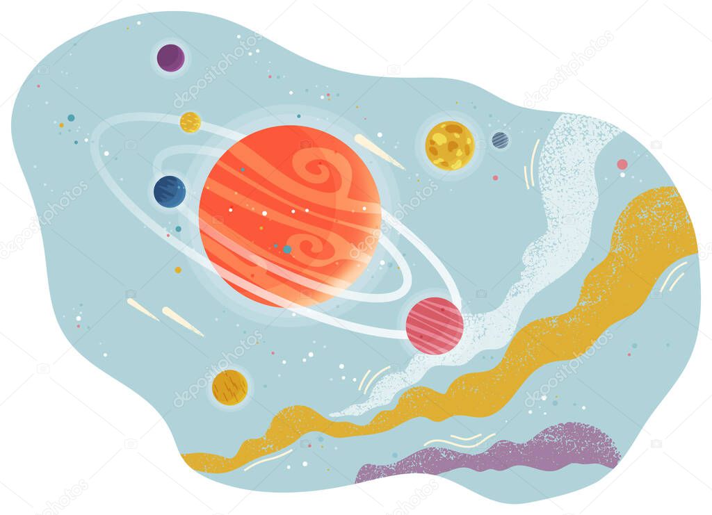 Cartoon red fantastic planet on light blue space background. Saturn made of gases with ring of ice