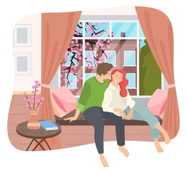 Пара сидить на підвіконні вдома в інтер'єрі кімнати біля великого вікна з весняним міським пейзажем — стоковий вектор