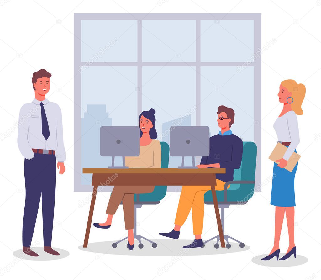 Office worker characters meeting concept. Businessman talking to colleagues siting at the desk