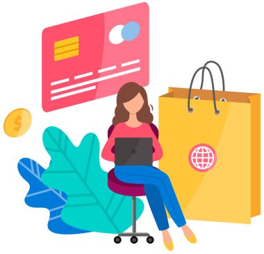 Dizüstü bilgisayarı olan kadın internetten mal sipariş ediyor. Kız online vektör illüstrasyonunu satın almak için ödeme yapıyor